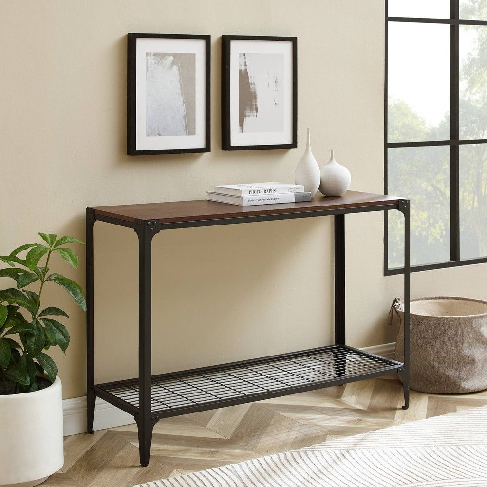 Benny Urban Industrial Angle Iron Entryway Table Dark Walnut - Saracina Home | Target