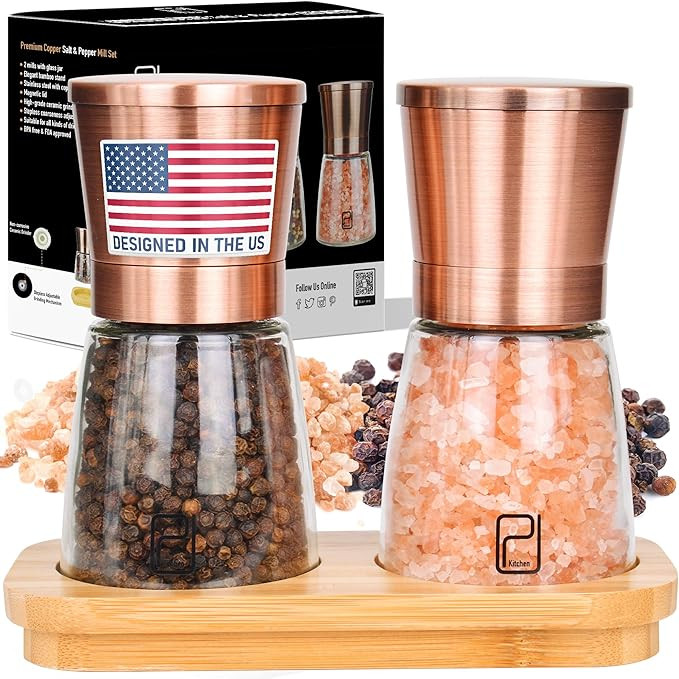 Premium Salt and Pepper Grinder Set with Bamboo Holder - 6 oz, Copper Stainless Steel - S&P Spice... | Amazon (US)