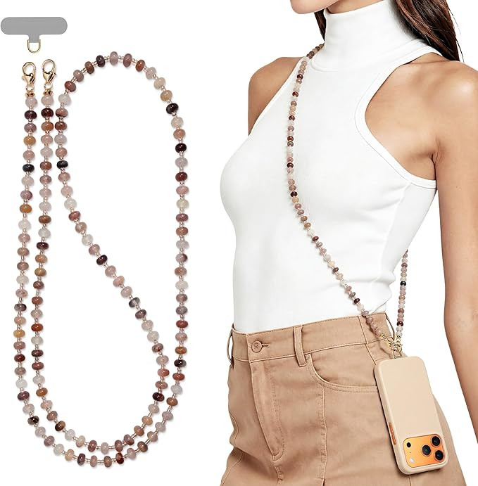 Natural Stone Phone Lanyard, Crystal Beaded Crossbody Strap for Women, Hands-Free Anti-Loss Chain... | Amazon (US)