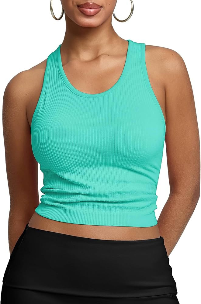 BRXL Women's Ribbed Racerback Tank Tops with Built-in Bra U Neck Sleeveless Fitted Casual Athleti... | Amazon (US)
