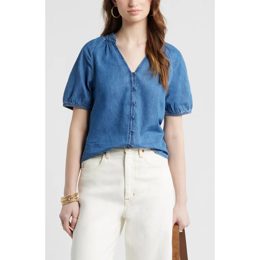 Treasure & Bond V-Neck Chambray Top in Medium Wash at Nordstrom Rack, Size Xx-Small | Nordstrom Rack
