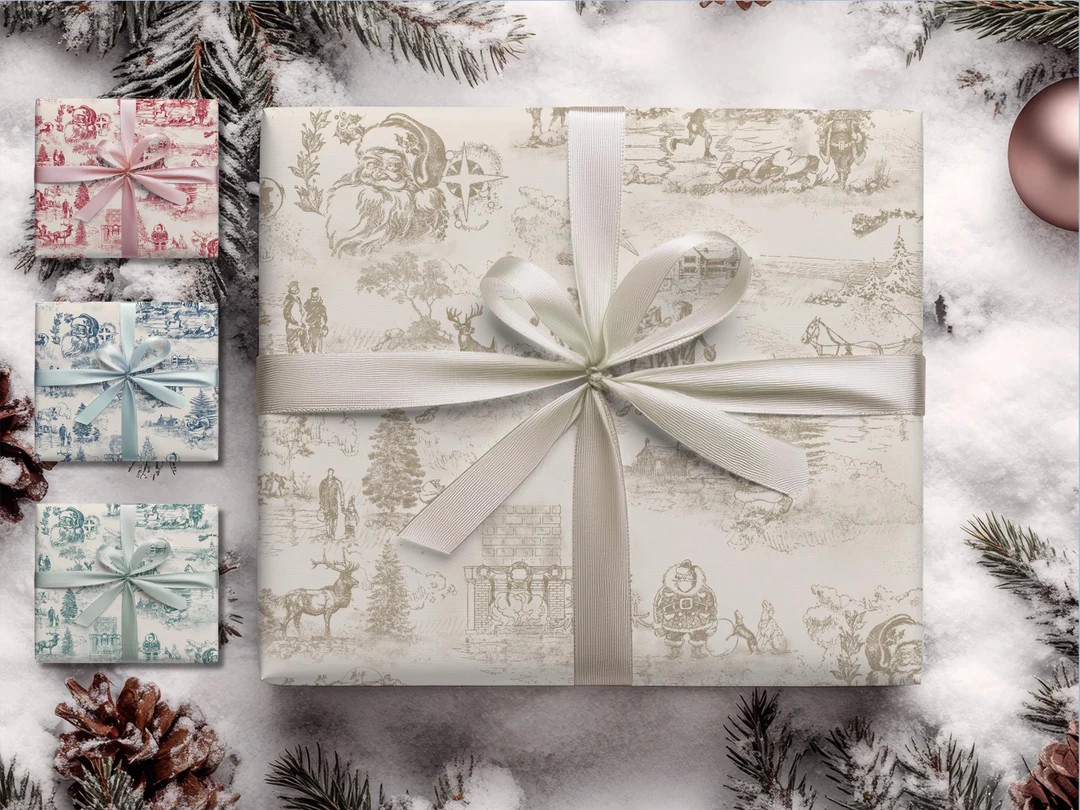 Cream Christmas Toile Wrapping Paper Classic Santa Wrapping Paper Holiday Gift Wrap Preppy Christ... | Etsy (US)