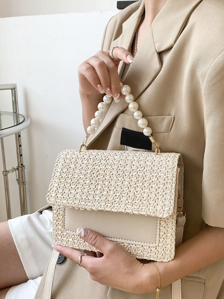 Mini Faux Pearl Decor Flap Straw Bag | SHEIN
