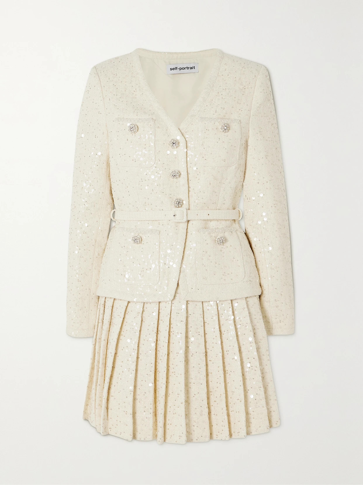 Self-Portrait - Belted Embellished Bouclé Mini Dress - White | NET-A-PORTER (US)