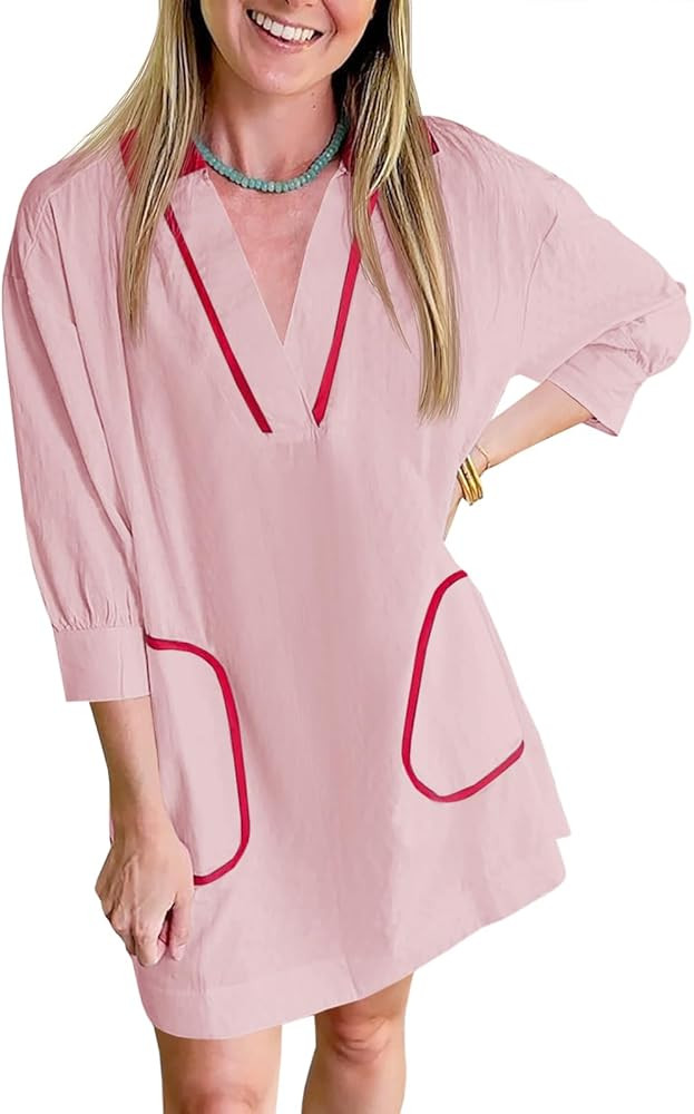 Saodimallsu Womens V Neck Swimsuit Coverup 3/4 Sleeve Collar Color Block Oversized Cover ups Mini... | Amazon (US)