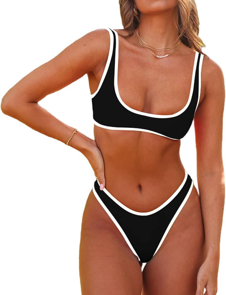 SherryDC Women's Sexy Scoop Neck Bikini Sets Color Block High Cut Thong Brazilian Two Pieces Swim... | Amazon (US)
