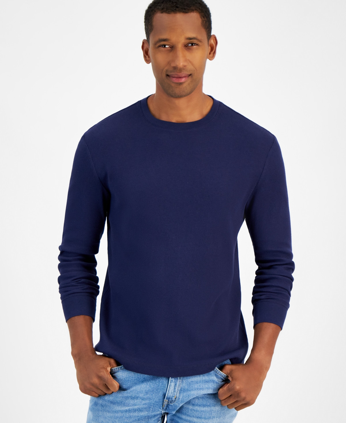 Club Room Men's Thermal Long-Sleeve Ribbed Crewneck Sweater, Created for Macy's - Navy Blue | Macy's