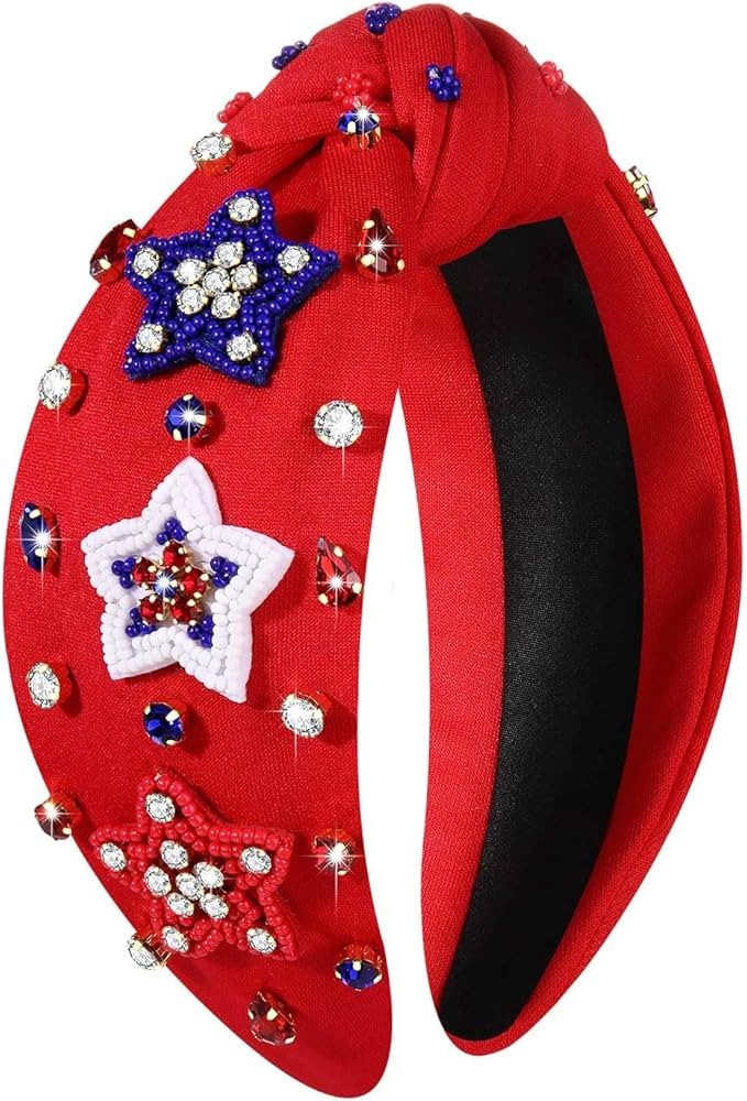 4th of July Headband for Women American Flag Star Knotted Headbands Red White and Blue Rhinestone... | Amazon (US)