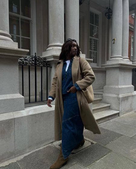 spring outfit idea styling denim maxi skirt, denim shirt, double denim outfit with wool trench spring coat and knee high western boots and basket bag from Sezane 

#LTKstyletip #LTKeurope #LTKSeasonal