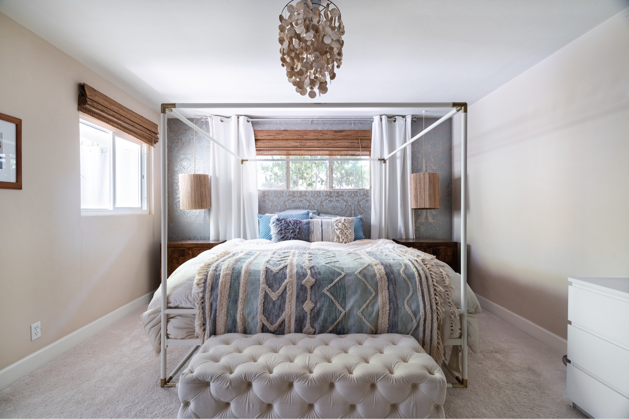 Master bedroom refresh with a canopy bed, tufted bench, pendant lamps and textured throw and pillow.  #bedroom #bedroomdecor #canopybed 

#LTKhome #LTKunder100 #LTKunder50