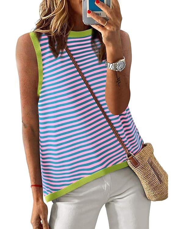 Dokotoo Womens Summer Tops 2024 Casual Striped Color Block High Neck Tank Top Loose Knit High Low... | Amazon (US)