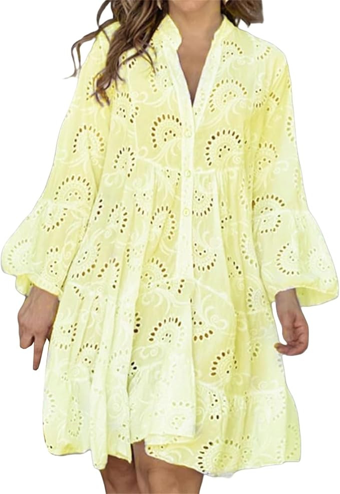 Womens Summer Dress Boho Hollow Out Eyelet Lace Midi Dress Casual Fashion Button Down V Neck Long... | Amazon (US)