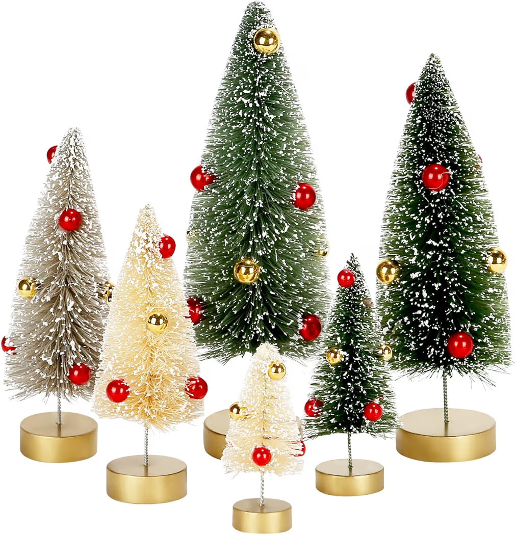 6 Pack Mini Christmas Trees, Small Miniature Frosted Bottle Brush Christmas Tree Decorations Tiny... | Amazon (US)