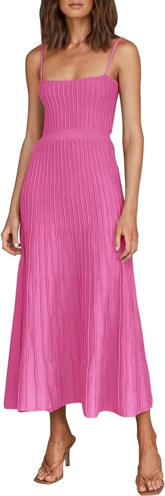 Fazortev Womens Casual Ribbed Knit Square Neck Long Cami Dress Sexy A Line Sleeveless Spaghetti S... | Amazon (US)