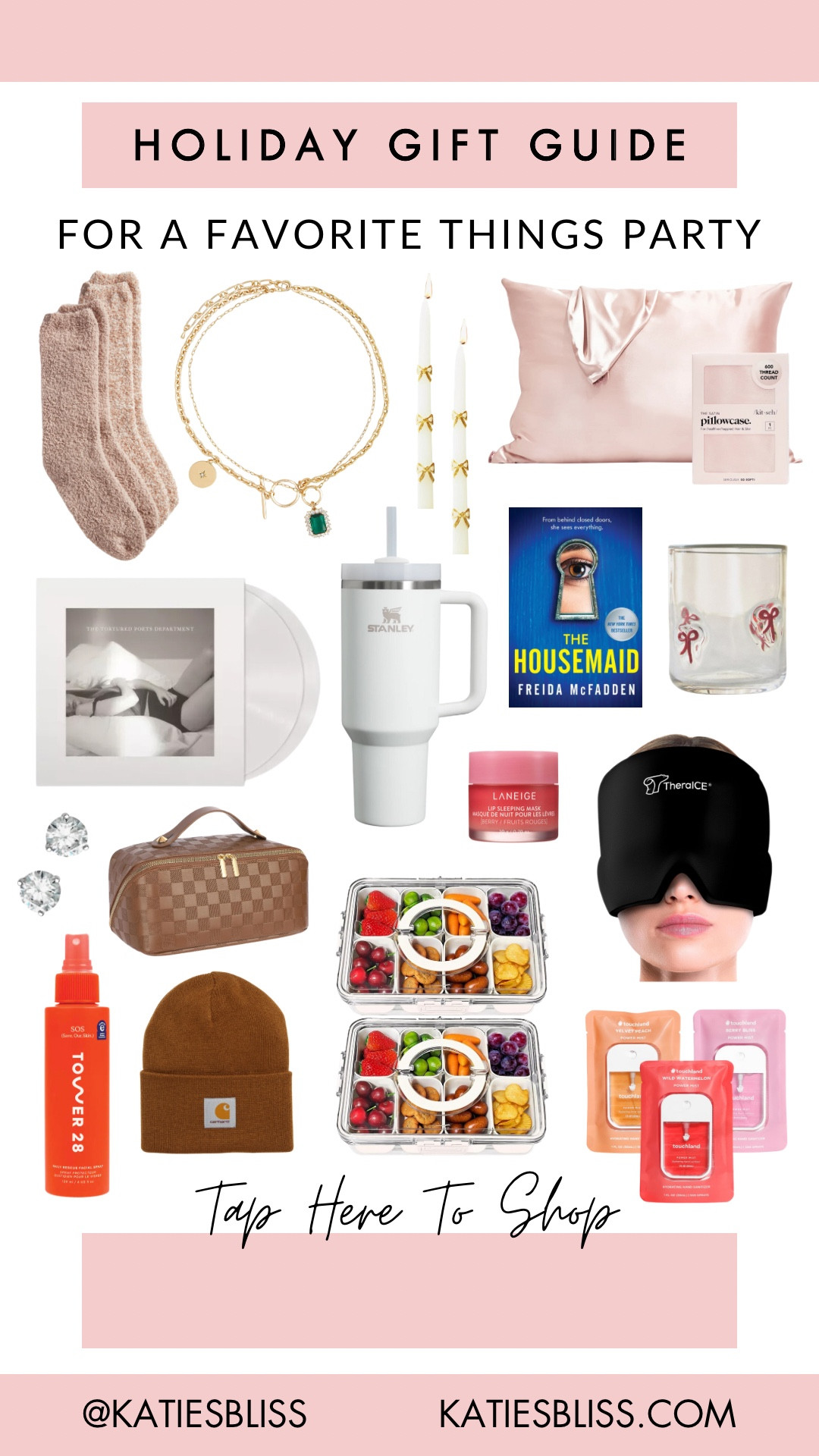 Holiday gift guide 🎁 for a favorite things party 

Silk pillowcase. Barefoot dreams socks. Charm necklace. Bow candlesticks. Anthropologie icon glass. Taylor swift vinyl album. Stanley cup. Tower 28. Headache hat. Snackle box. Touch land hand sanitizer. 



#LTKFindsUnder50 #LTKHoliday #LTKGiftGuide