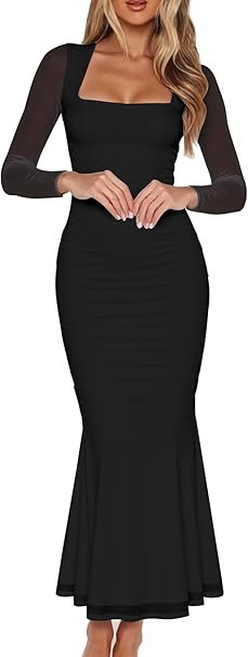 BORIFLORS Women's Ruched Bodycon Long Sleeve Maxi Dress Mesh Square Neck Cocktail Party Long Dres... | Amazon (US)