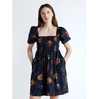 Free Assembly Women's and Women's Plus Smocked Cotton Peasant Mini Dress with Puff Sleeves, Sizes... | Walmart (US)