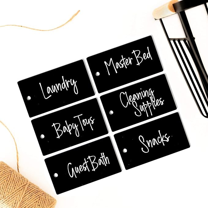 12 Black Acrylic Basket Tags - Jute String Label Holders for Storage Bins - Acrylic Hanging Tags ... | Amazon (US)