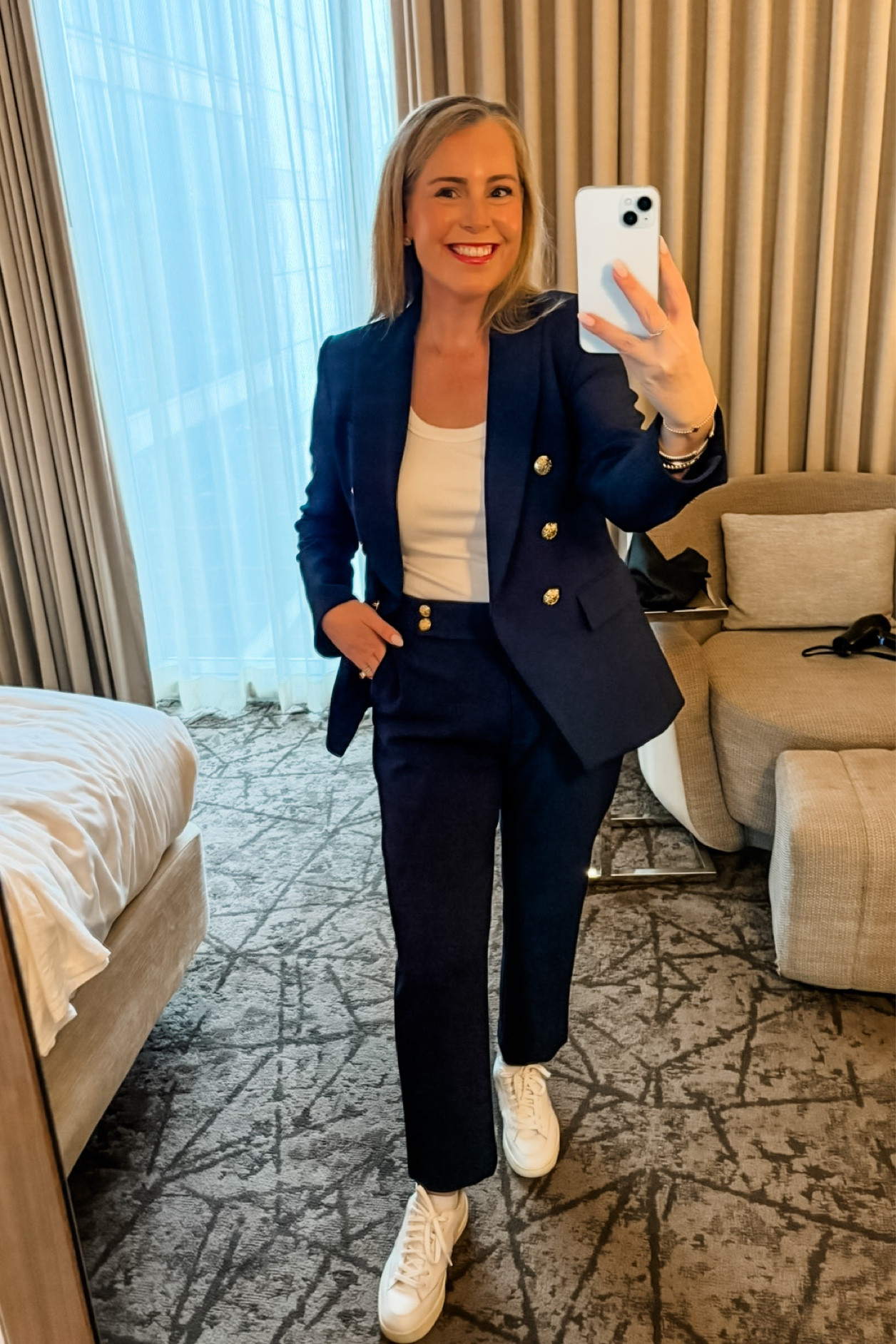 My go-to splurge suit that’s perfect for spring + summer … love the navy and gold - but I also have it in black! I pair it with white sneakers that are CHRO approved 😉

#LTKWorkwear #LTKOver40 #LTKmomlife