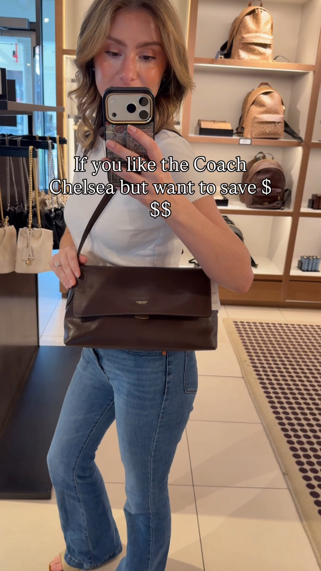 If you like the Coach Chelsea but want to save some money, try this Coach Outlet bag!

The Coach outlet Etta has a similar shape and color as the Coach Chelsea 30 in maple. They both have a flap and very similar looking hardware and lining with the same button lock mechanism