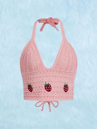 Strawberry Embroidery Halter Knit Top | SHEIN