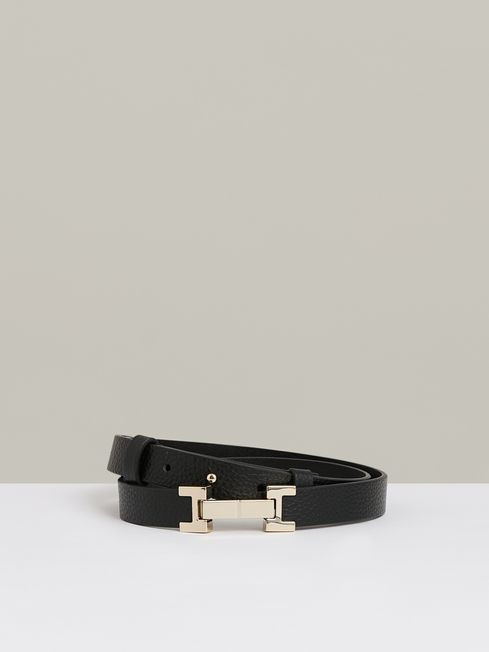 Reiss Black Hayley Leather Square Hinge Belt | Reiss US