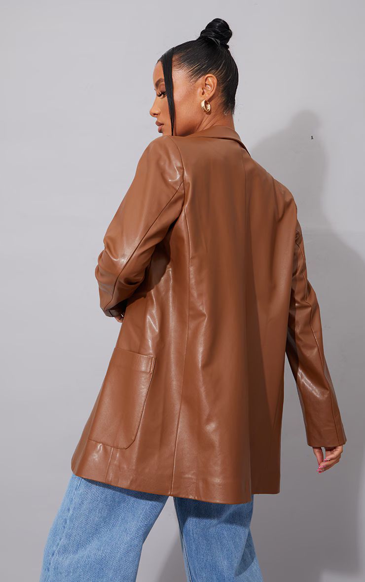 Chocolate Faux Leather Oversized Pocket Front Blazer | PrettyLittleThing US