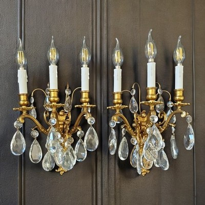 Vintage Antique Pair French Empire Brass Crystal 3 Light Sconces Wall Lights | eBay US