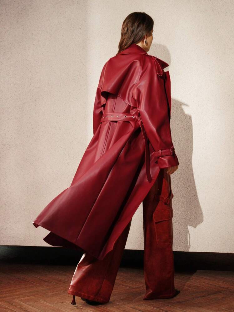 Anewsta Women's Angora Red Elegant Trench Coat, Double-Breasted Collar Design, Long Stylish Windbreaker Jacket, Autumn/Spring | SHEIN