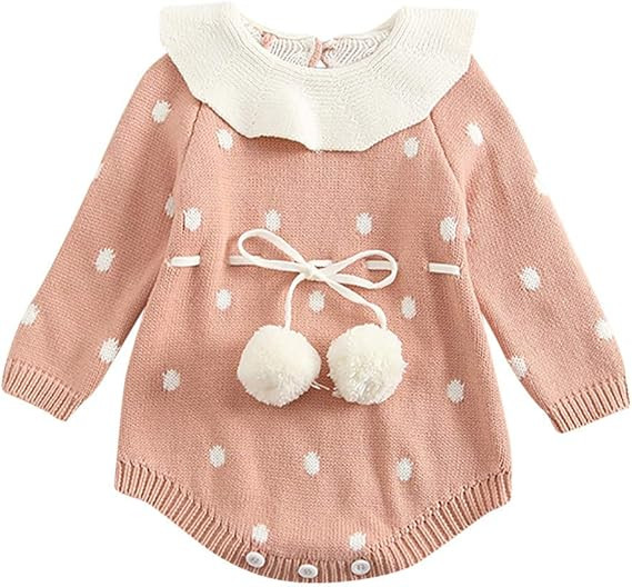 Baby Girls Sweater Romper Winter,Infant Newborn Baby Girl Dot Knit Bodysuit Crochet Clothes Outfi... | Amazon (US)