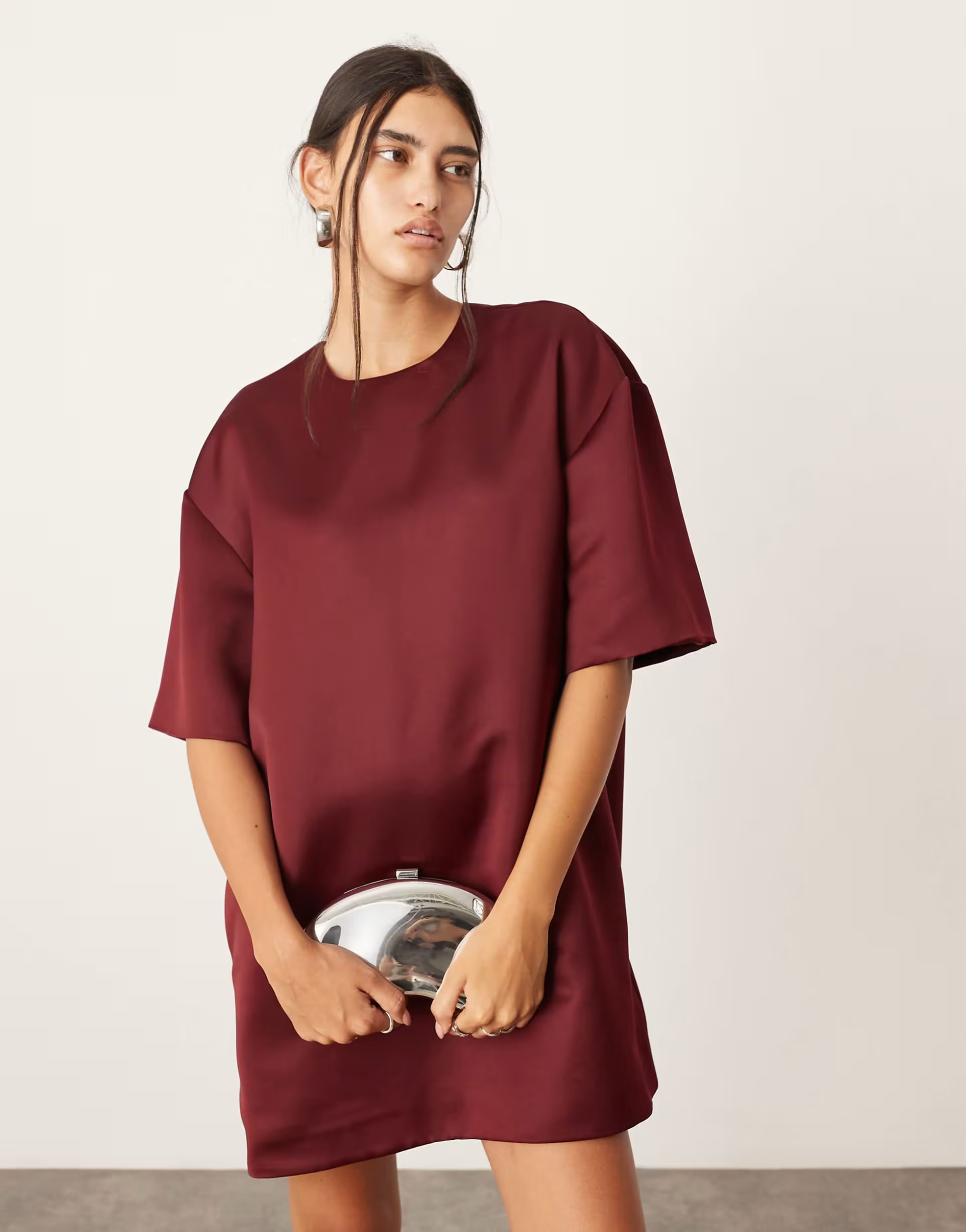 ASOS EDITION satin structured boxy T-shirt mini dress with pockets in burgundy | ASOS (Global)