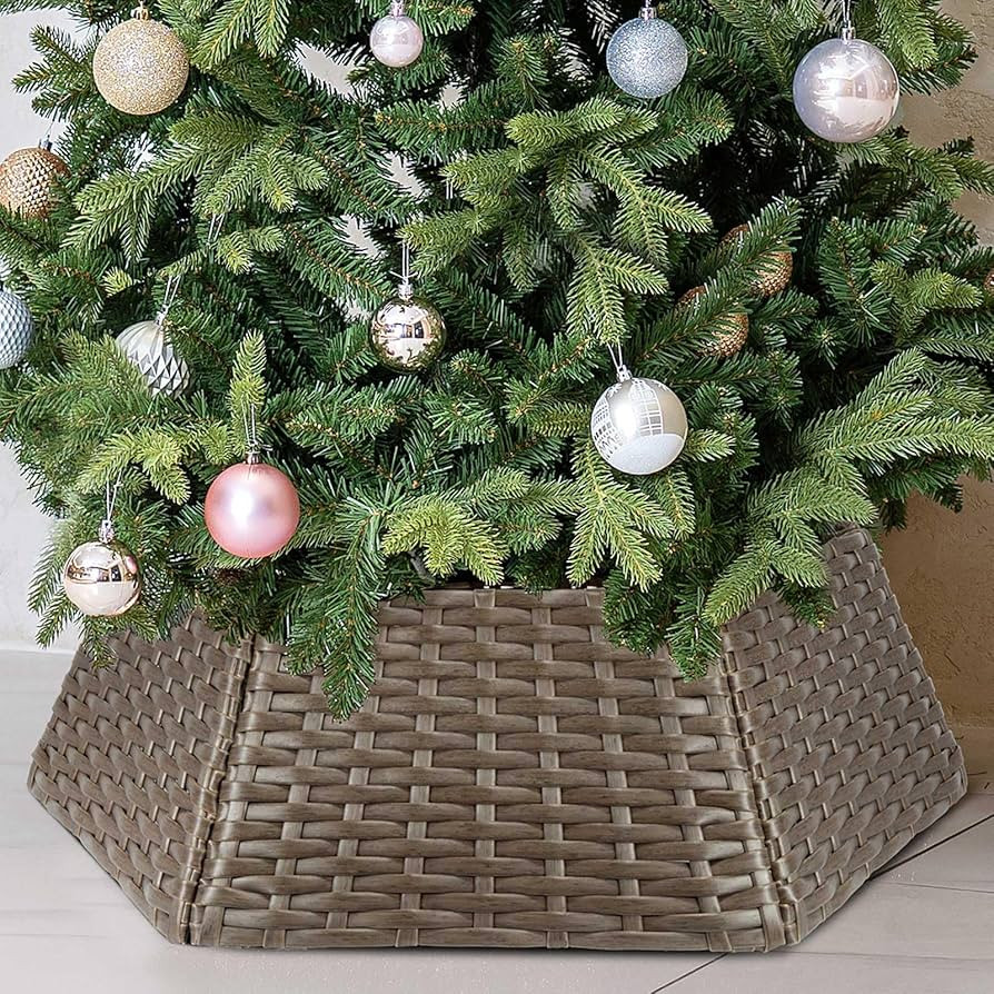 Wicker Christmas Tree Collar, 33" D Rattan Hexagon Christmas Tree Base Cover, Handcrafted Christm... | Amazon (US)