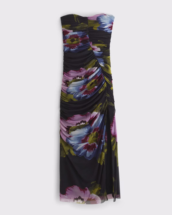 Women's Strapless Ruched Mesh Maxi Dress | Women's Clearance | Abercrombie.com | Abercrombie & Fitch (US)