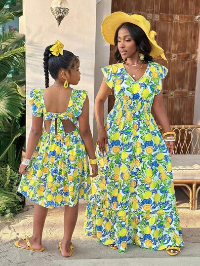 Tween Girl Vacation Casual Tropical Fruit Pattern Cute Casual Square Neck Puff Sleeve Flared Hem ... | SHEIN