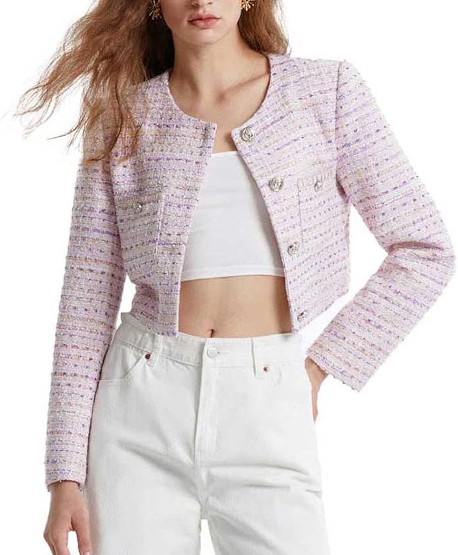 Women's Long Sleeve Cropped Tweed Jacket with Pocket Elegant Slim Fit Work Office Business Short ... | Amazon (US)