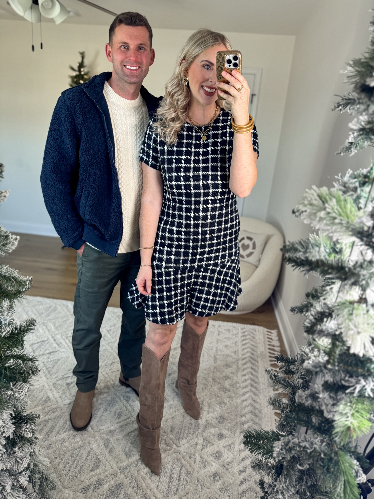 Weekend Walmart Wins try on 
Men’s & Women’s Walmart outfits
Tweed dress- medium 

Faux shearling jacket- medium 
Men’s fisherman sweater- medium 
Olive chino pants 

#LTKMens #LTKFindsUnder50 #LTKSeasonal