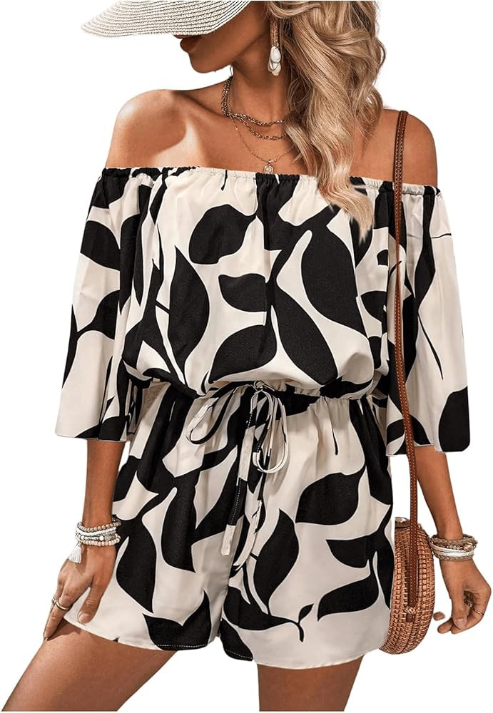 SHENHE Women's Off Shoulder Flutter Sleeve Boho Tropical Romper Short Jumpsuit Playsuit | Amazon (US)