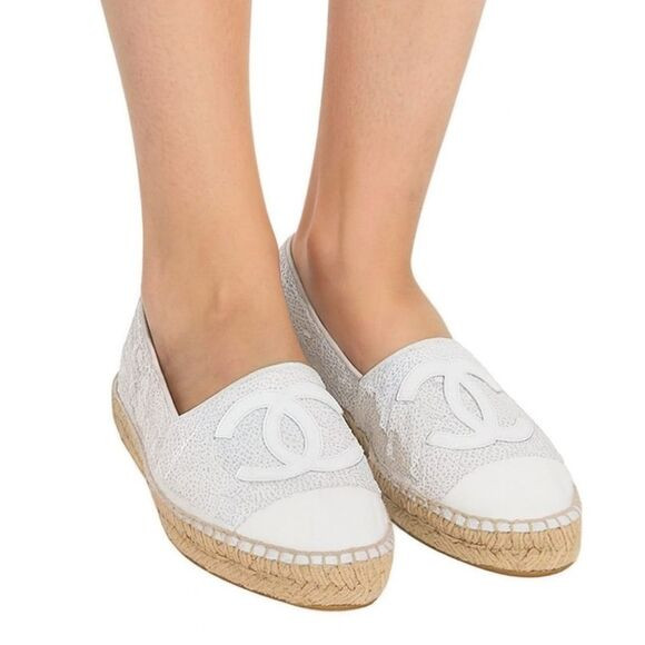 CHANEL White Woven Interlocking CC Logo Sequin Flat Espadrilles Size EU37 | Poshmark