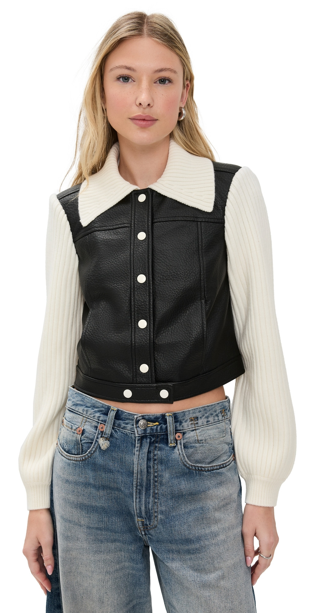 Cinq à Sept Faux Leather Knit Sleeve Ciara Jacket Black/Ivory XXS | Shopbop