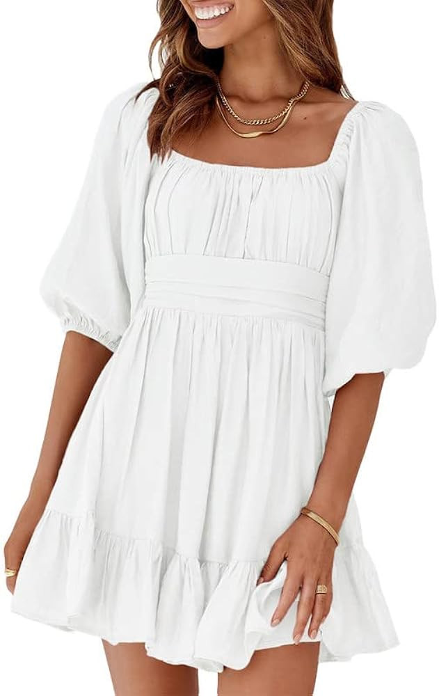 Dokotoo Womens Summer Dresses Square Neck Lantern Sleeve Tie Backless Ruffle A-Line Casual Dress | Amazon (US)