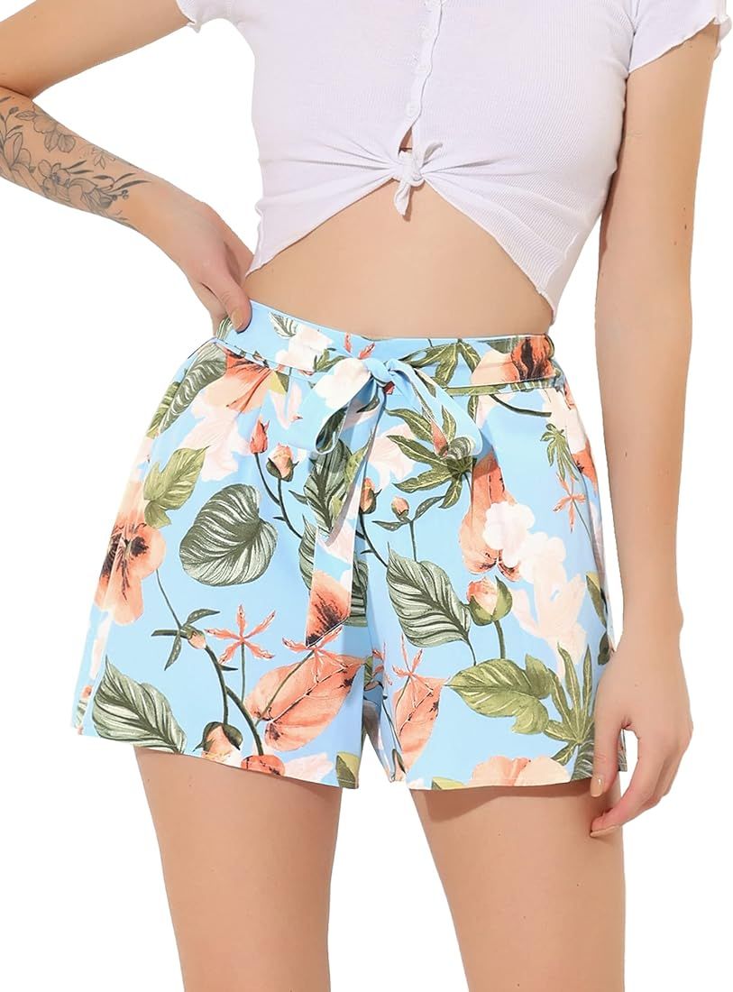 Allegra K Women's Printed Elastic Tie High Waist Culottes Beach Summer Shorts | Amazon (US)