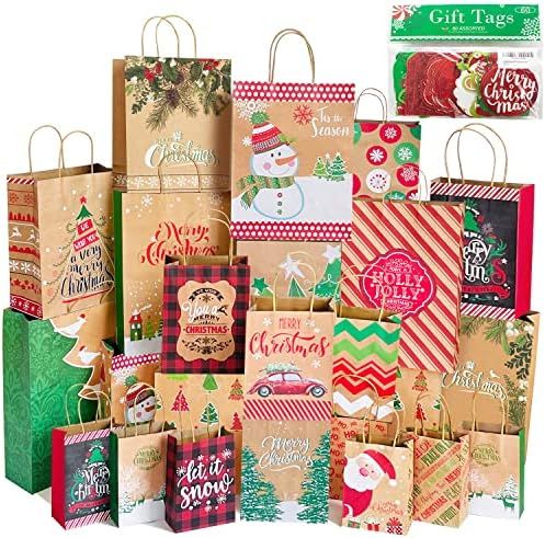 Party Funny 24 Kraft Christmas Gift Paper Bags Bulk with handles and 60 Count Christmas Gift Tags... | Amazon (US)