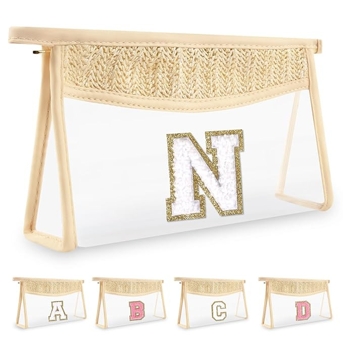 Personalized Initial Letter Bag Boho Straw Clear Makeup Bag,Small Cute Chenille Varsity Letter Ba... | Amazon (US)