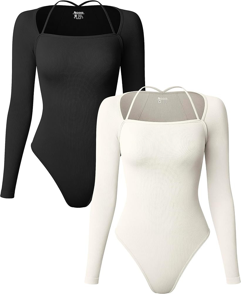 OQQ Women's 2 Piece Bodysuits Sexy Ribbed One Piece Long Sleeve Tops Bodysuits | Amazon (US)
