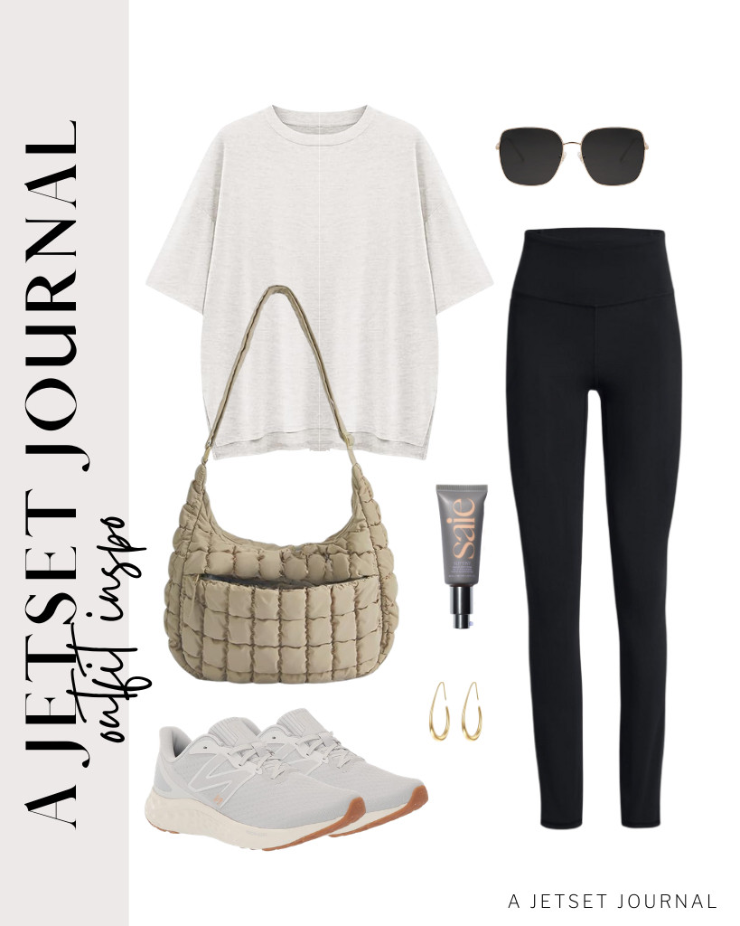 Wear this white oversized crewneck shirt and black leggings for your first outfit. These New Balance shoes are the perfect footwear for this fit. You can style it with a BAGSMART quilted crossbody bag and sunnies.


#LTKSeasonal #LTKSaleAlert #LTKTravel 

 