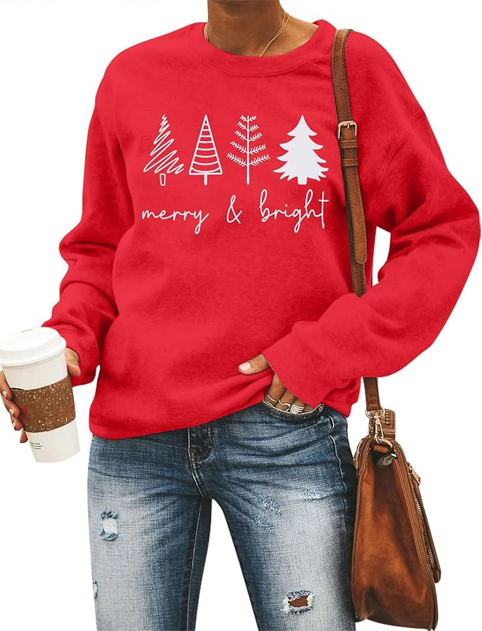 Merry Bright Sweatshirts Women Christmas Trees Sweatshirt Cute Xmas Gift Long Sleeve Shirt Pullov... | Amazon (US)