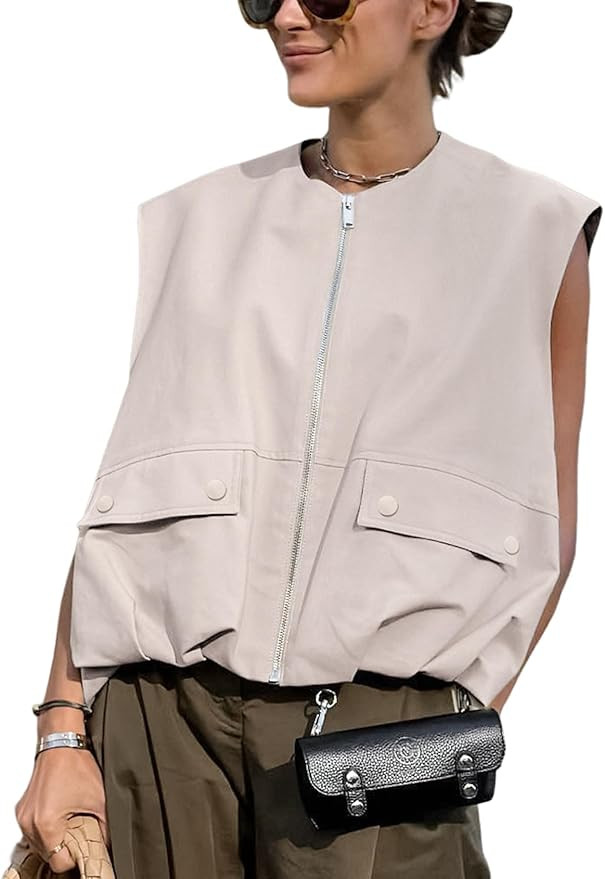 Yimoon Women’s Oversized Zip Up Cargo Vest Casual Ruched Hem Sleeveless Blazer Jackets Vest Top... | Amazon (US)