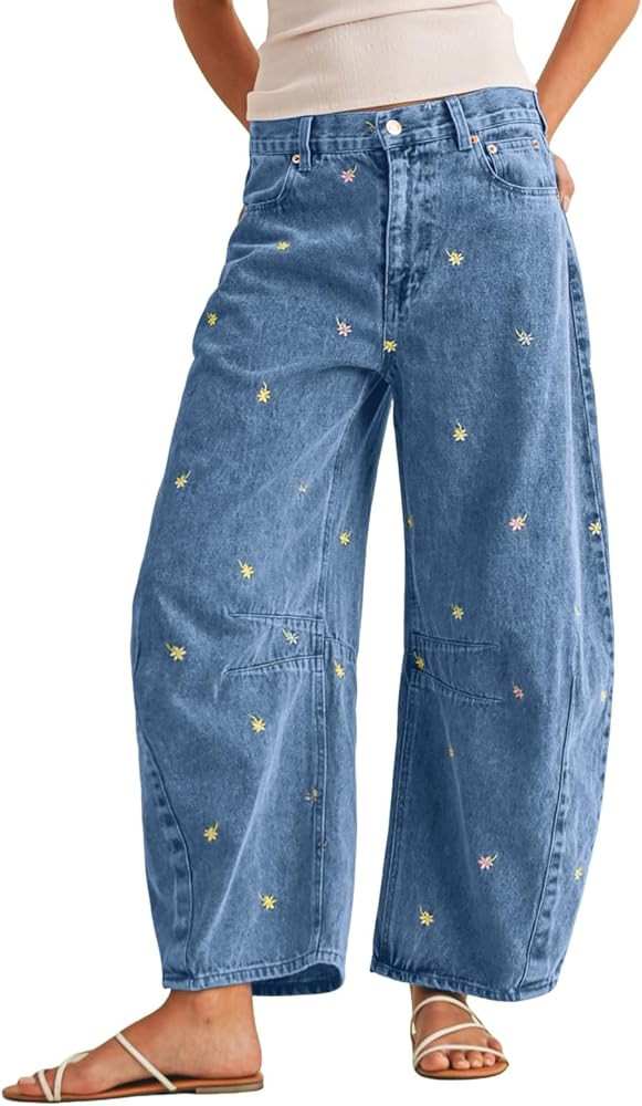loveimgs Women Boyfriend Baggy Barrel Jeans Mid Rise Wide Leg Jeans Embroidered Denim Ankle Pants... | Amazon (US)