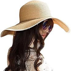 Lanzom Womens Wide Brim Straw Hat Big Floppy Foldable Roll up Cap Beach Sun Hat UPF 50+ | Amazon (US)