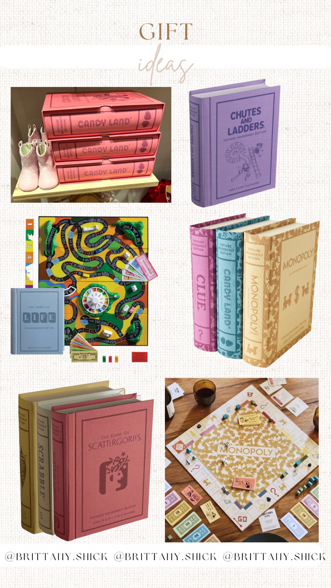 Gift Guide Vintage Bookshelf Games Kids to Adults Parents Grandparents Monopoly Life Candyland Chutes and Ladders Scrabble elevated Board Game Gifts

#LTKGiftGuide #LTKHoliday #LTKHolidaySale